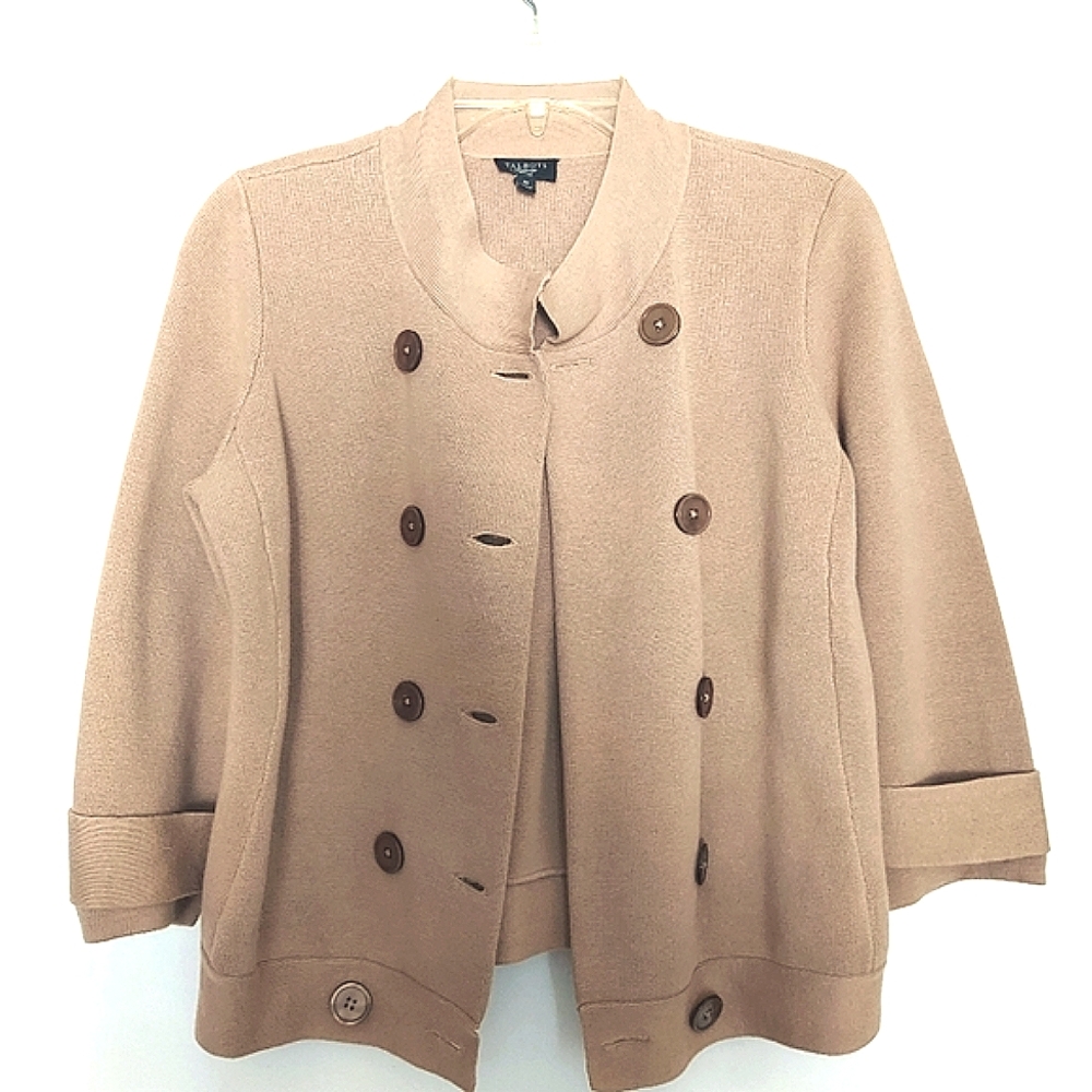 Talbot Petite Cardigan Sweater Double Breasted Cropped Tan Knit WM'S S/M #0239